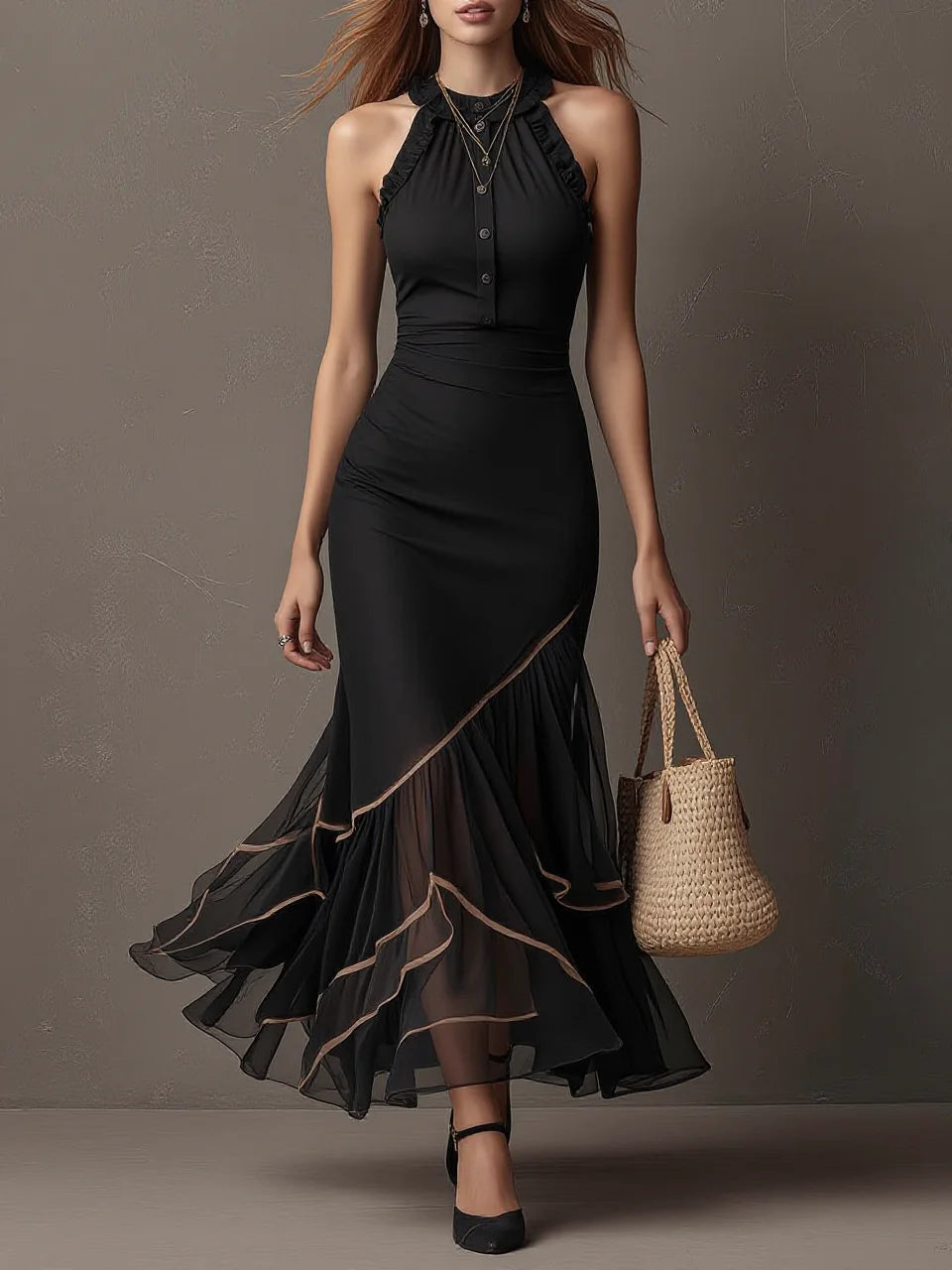 Black Ruffle Halter Button Contrast Trim Mesh Mermaid Maxi Dress