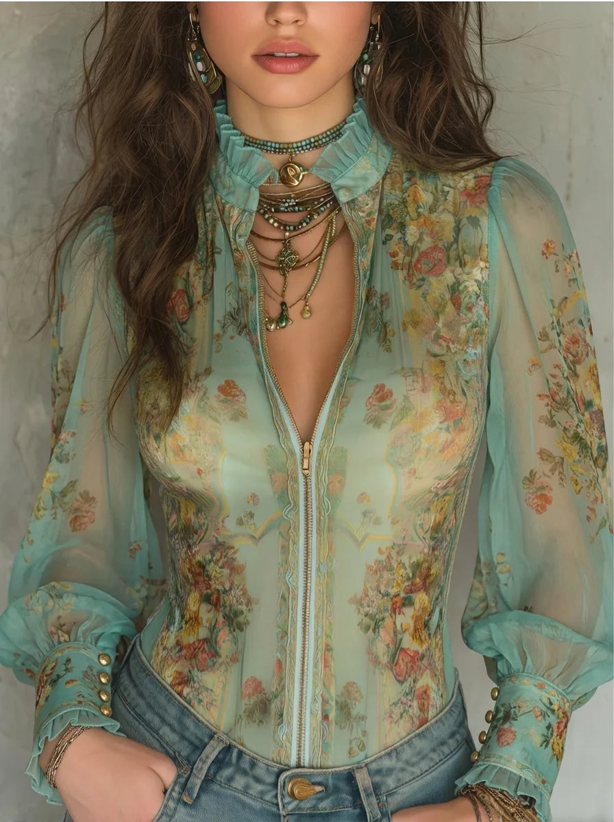 Mint Green Vintage Floral Print Sheer Chiffon Zip Front Blouse