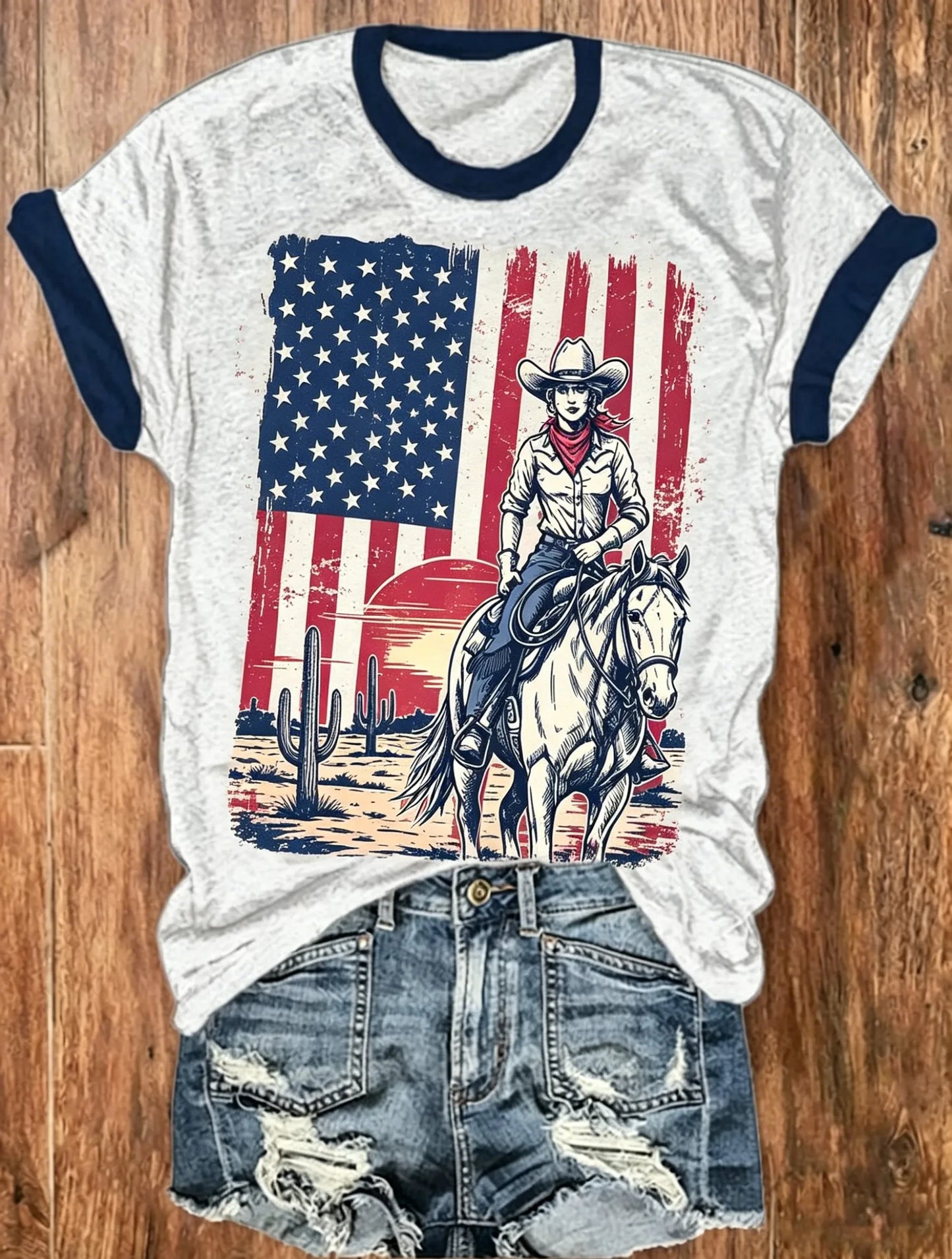 Heather Grey Navy Trim American Flag Cowgirl Riding Horse Western Desert Print Short Sleeve Ringer Tee