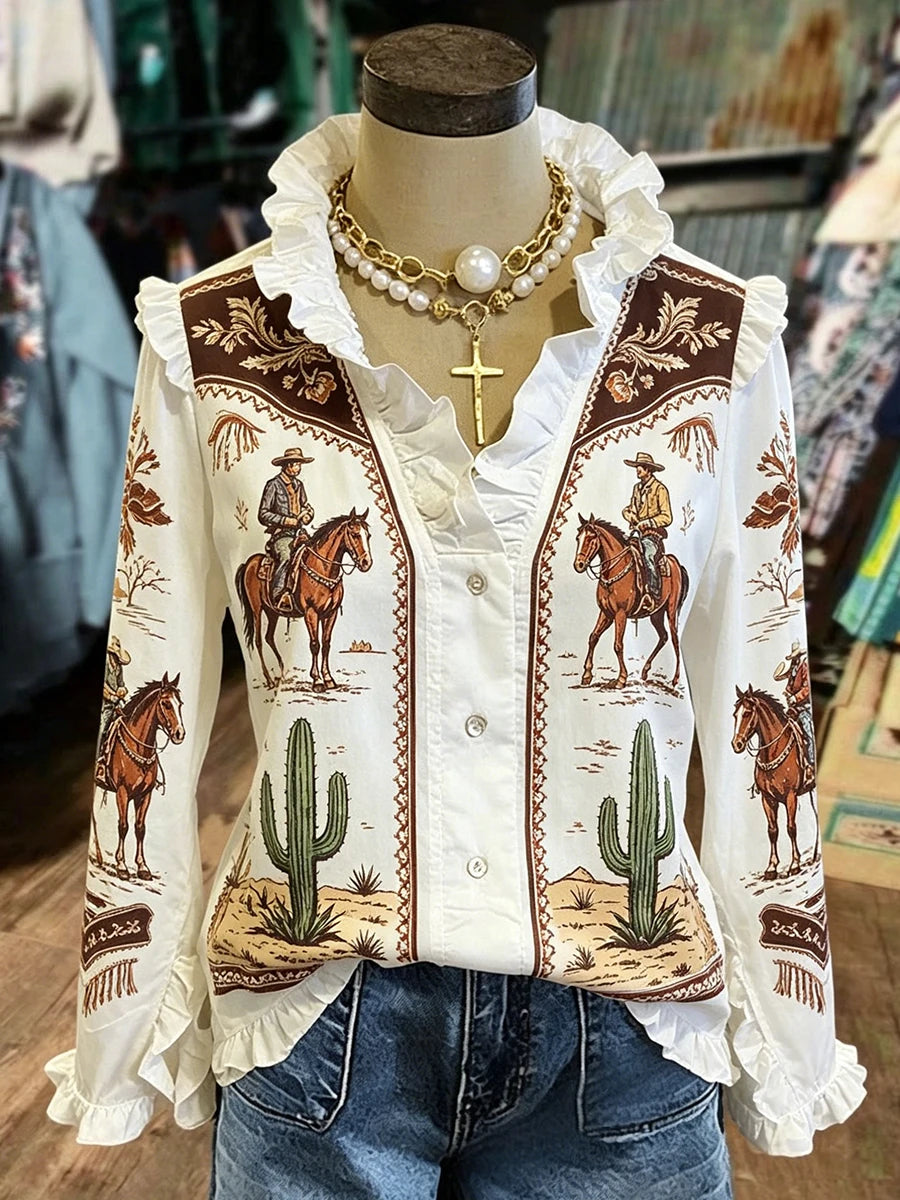 Women Ruffle V Neck Long Sleeve Western Casual Button Down Blouse