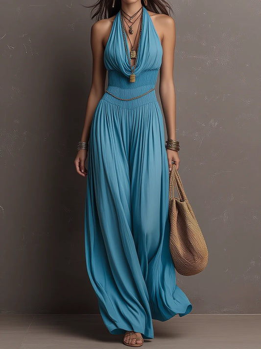 Lake Blue Halter Deep V Smocked Waist Wide-Leg Jumpsuit