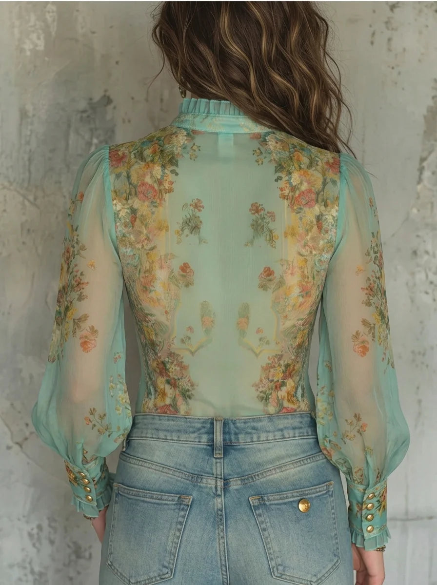 Mint Green Vintage Floral Print Sheer Chiffon Zip Front Blouse