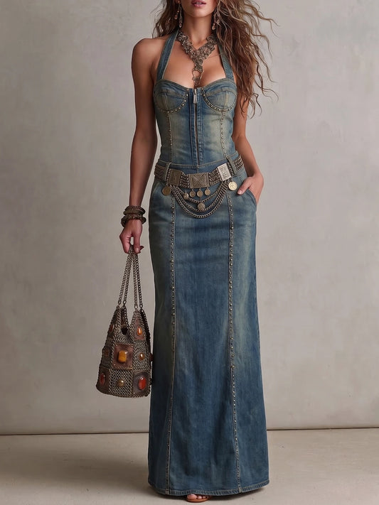 Women Vintage Halter Studded Slim Long Denim Maxi Dress