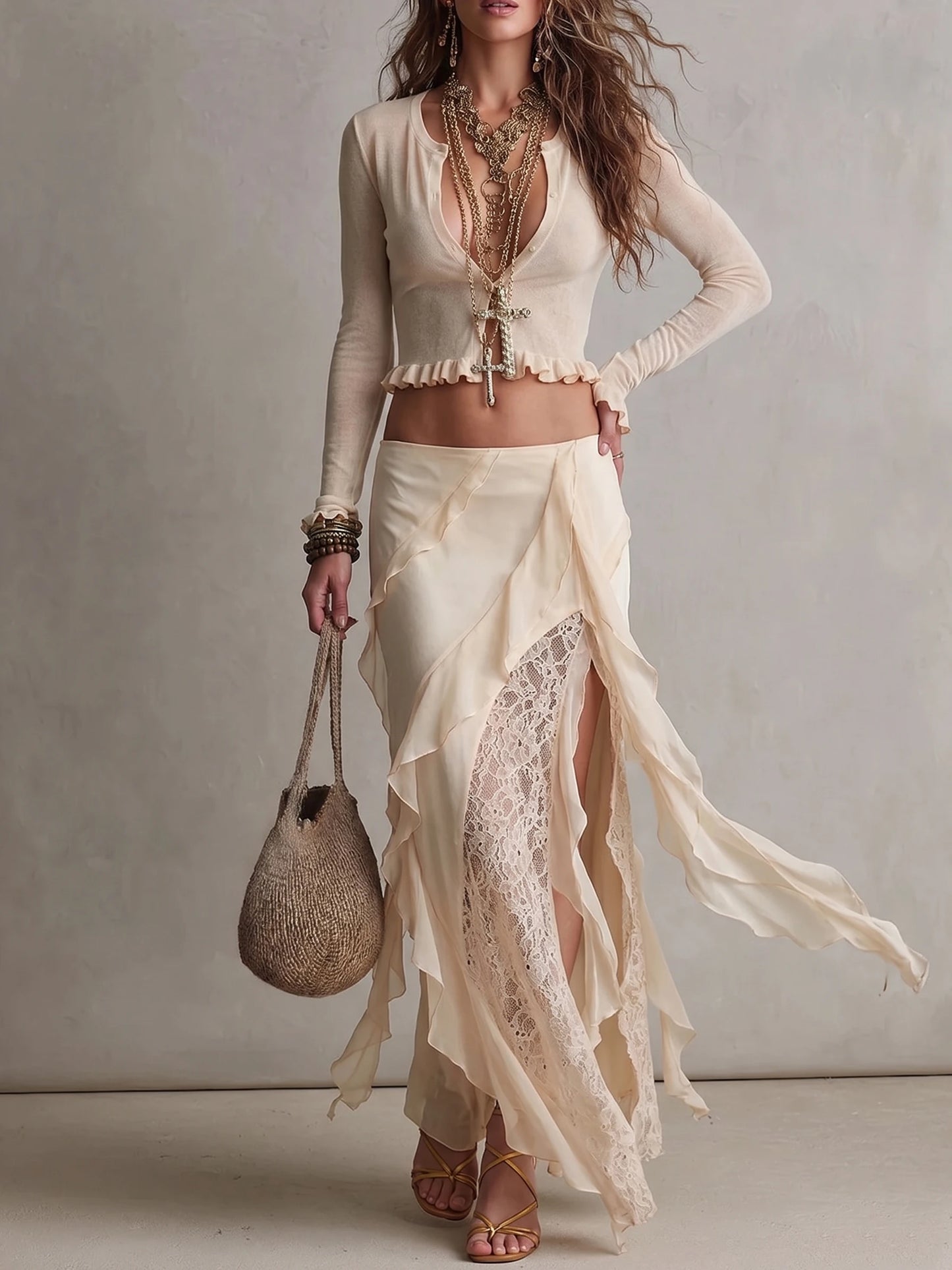 Women 2 Piece Ruffle Crop Top & Lace Slit Chiffon Maxi Skirt Set