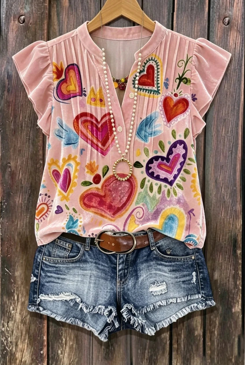Pink Velvet Graffiti Heart Print Henley Neck Pleated Ruffle Sleeve Blouse