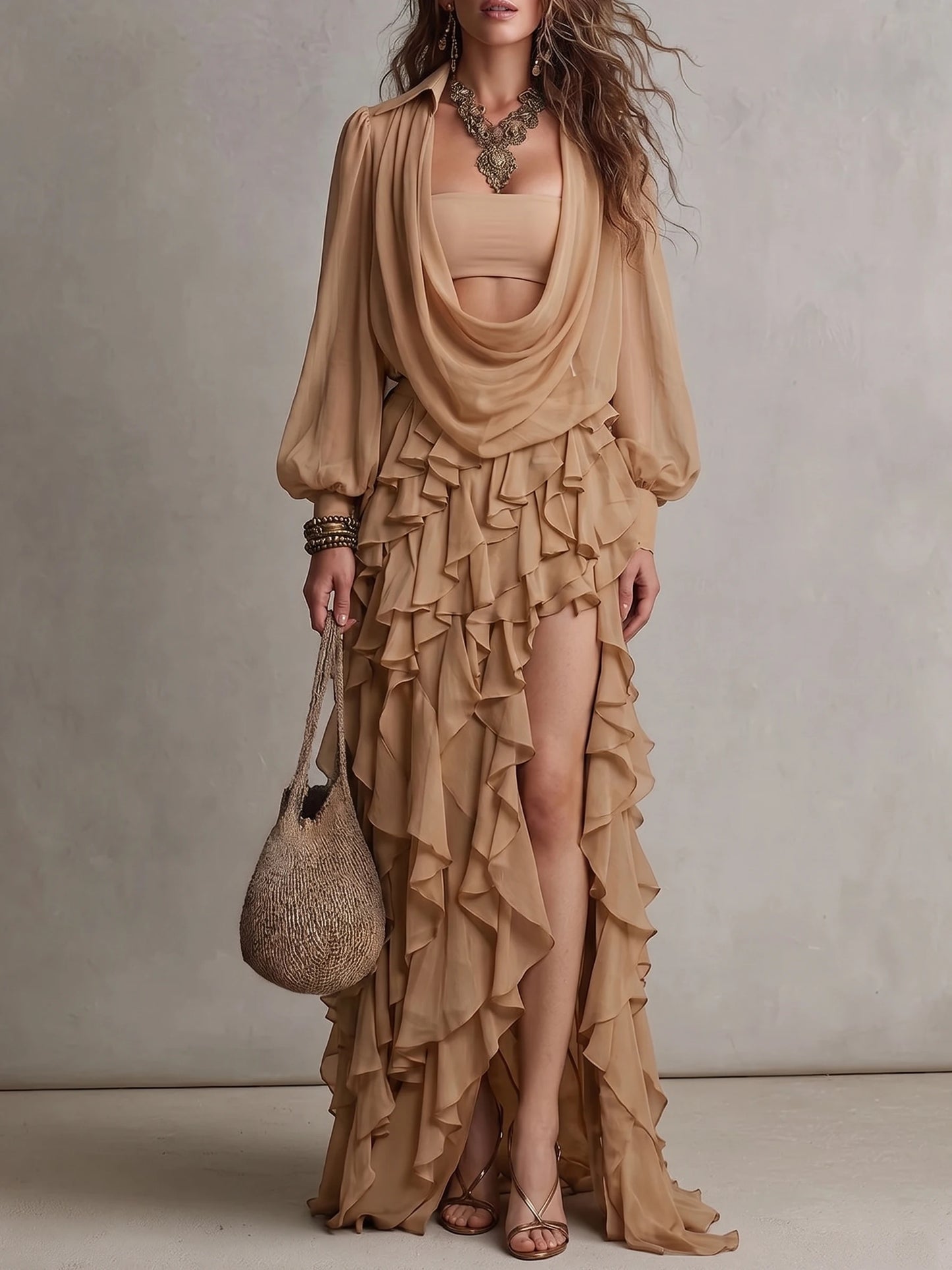 Women Draped Chiffon Puff Sleeve Layered Ruffle High Slit Maxi Dress Set