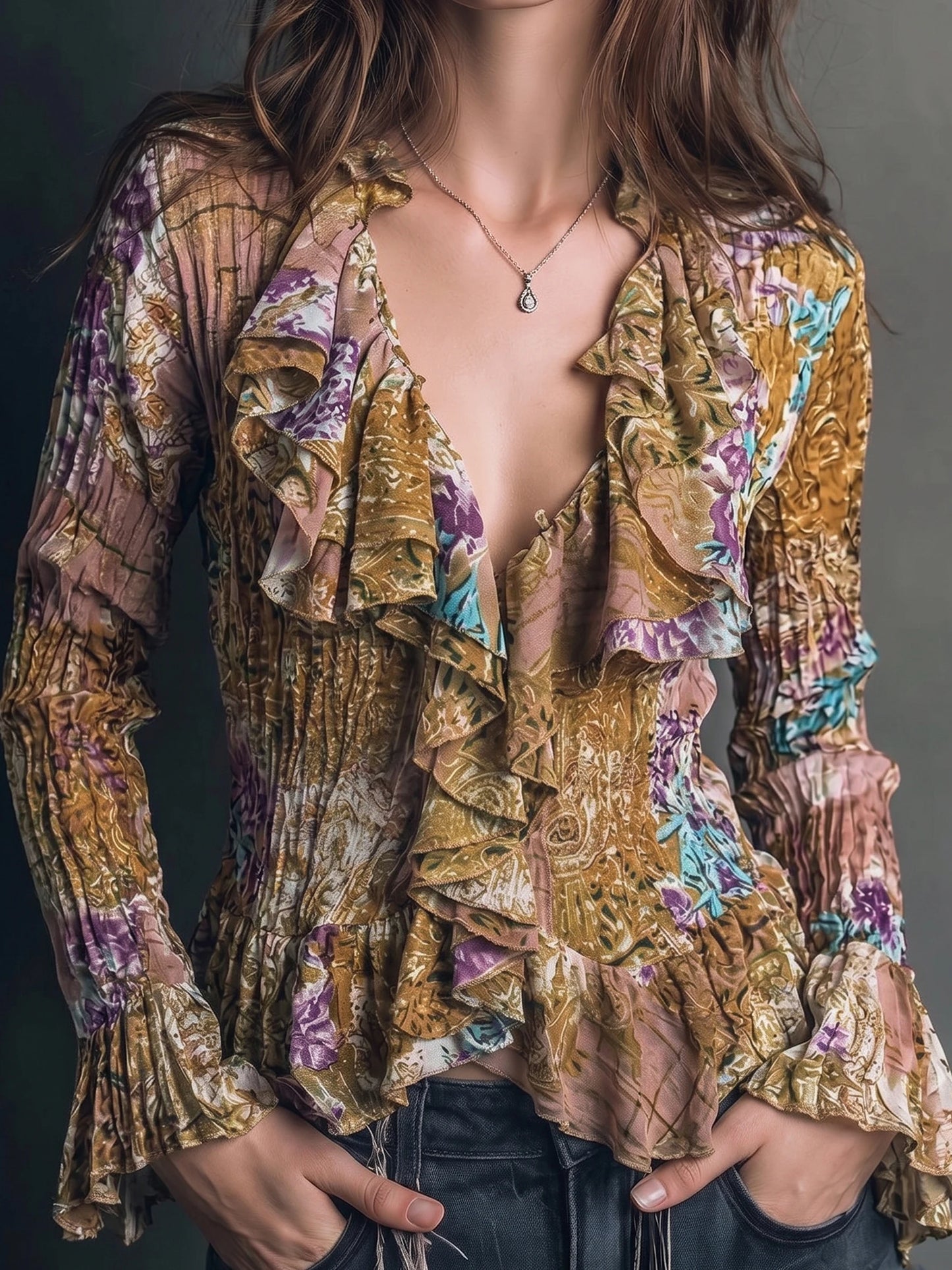 Vintage Floral Paisley Ruffle V Neck Shirred Long Flare Sleeve Peplum Blouse