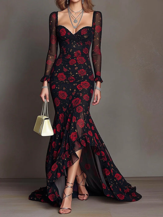 Black Red Rose Print Mesh Square Neck High-Low Mermaid Gown(pre order)
