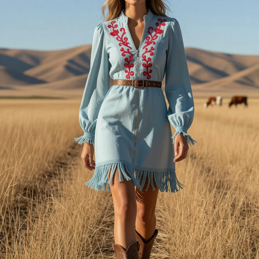 Light Blue Denim Dress with Red Embroidery & Fringe Trim(pre order)