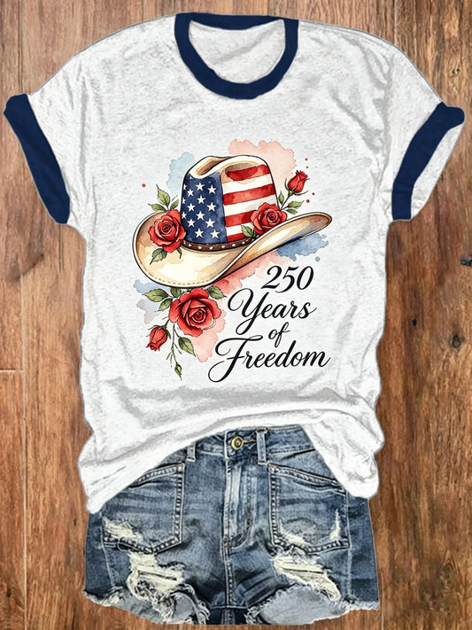 Heather Grey Navy Trim Watercolor Flag Cowboy Hat Red Rose 250 Years of Freedom Print Short Sleeve Ringer Tee