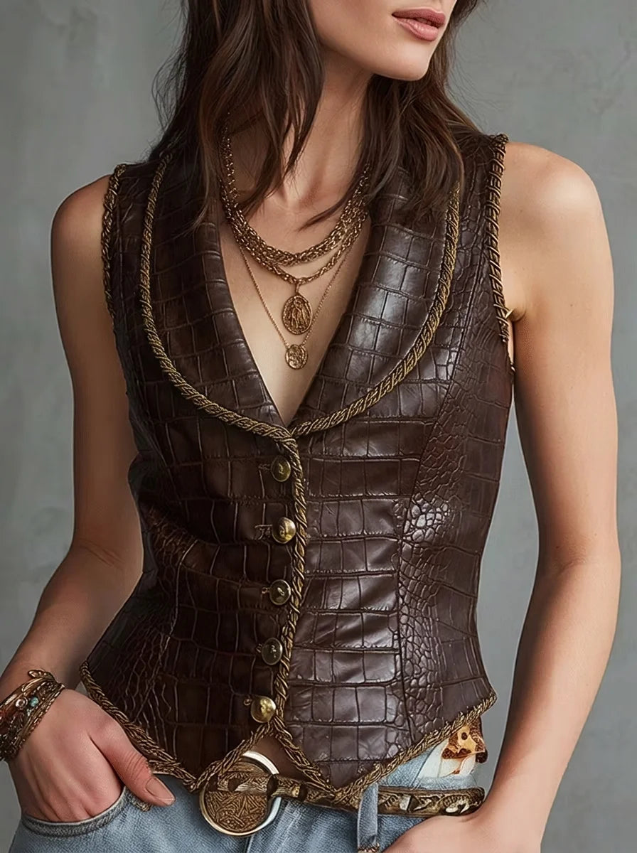 Dark Brown Croc Embossed Faux Leather Vest with Gold Braided Trim