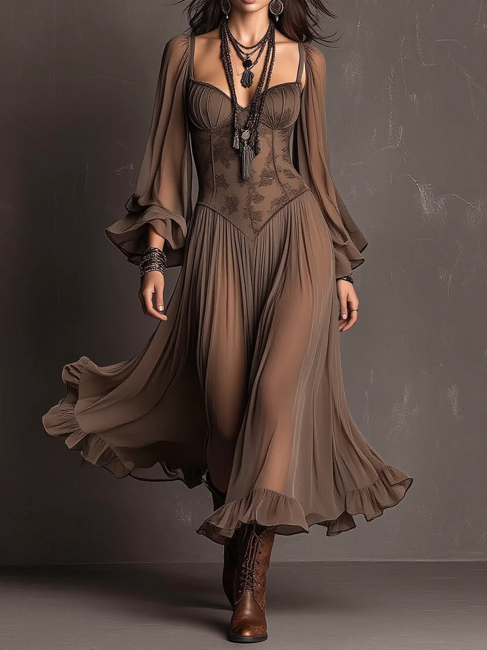 Brown Lace Printed Corset Cami Sheer Chiffon Ruffle Hem Maxi Dress(pre order)