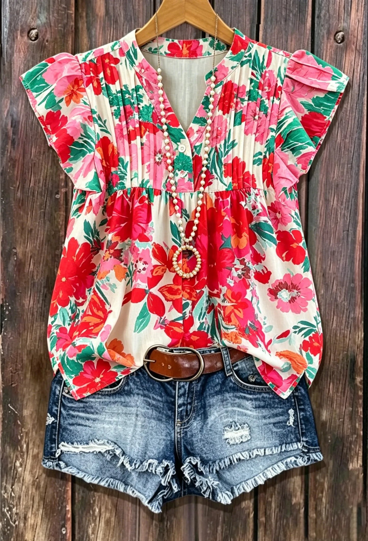 Beige Red Pink Green Large Floral Print V Neck Flutter Sleeve Pleated Babydoll Casual Blouse