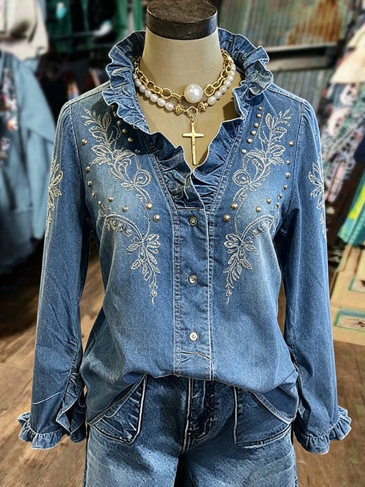Women Ruffle V Neck Long Sleeve Western Casual Button Down Blouse