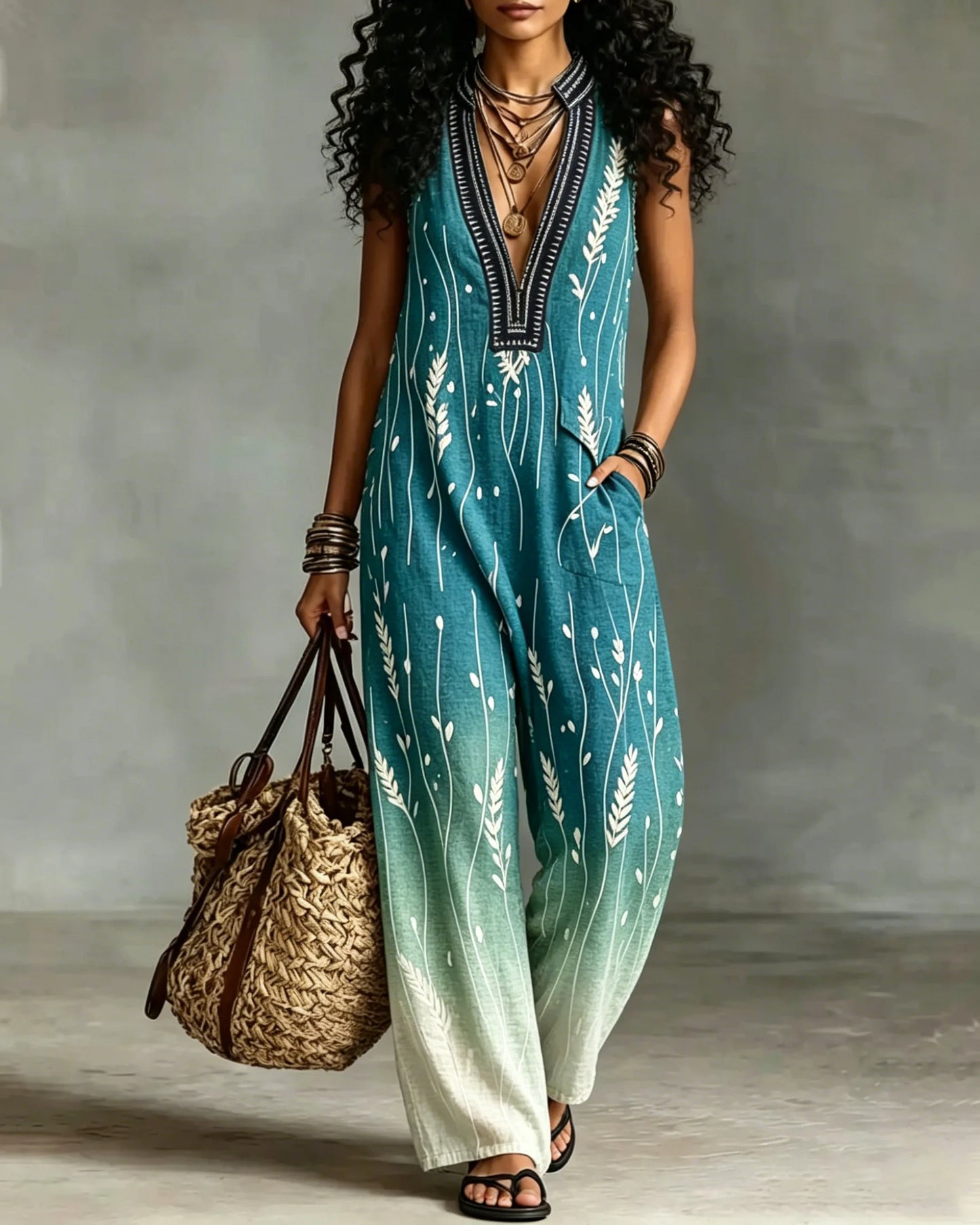 Women Boho Sleeveless V-Neck Printed Wide Leg Casual Jumpsuit