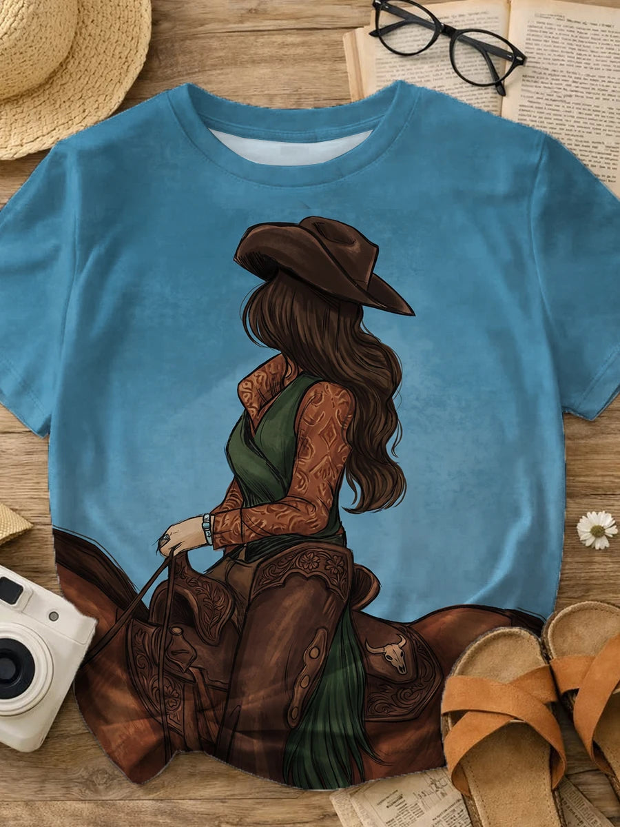 Lake Blue Vintage Side Profile Cowgirl Horse Riding Print Crew Neck Short Sleeve T-shirt