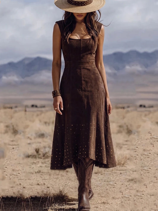 Square Neck Sleeveless Suede Studded Hem Waisted Western Midi Dress