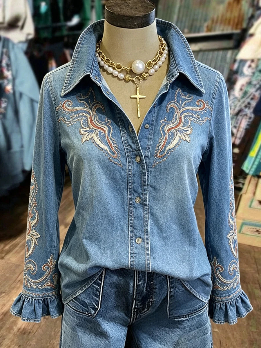 Women Ruffle V Neck Long Sleeve Western Casual Button Down Blouse