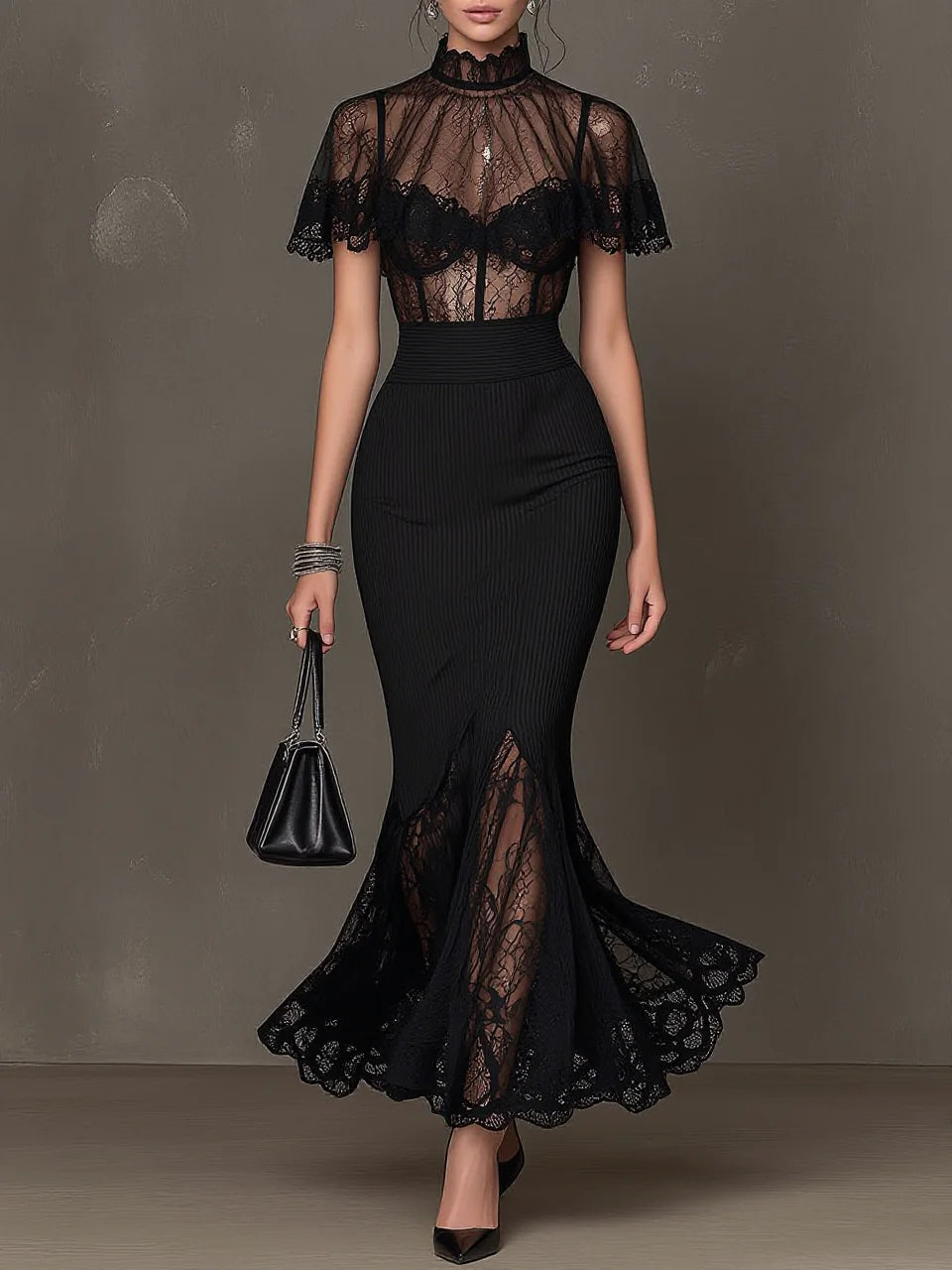 Black Ruffle Halter Button Contrast Trim Mesh Mermaid Maxi Dress