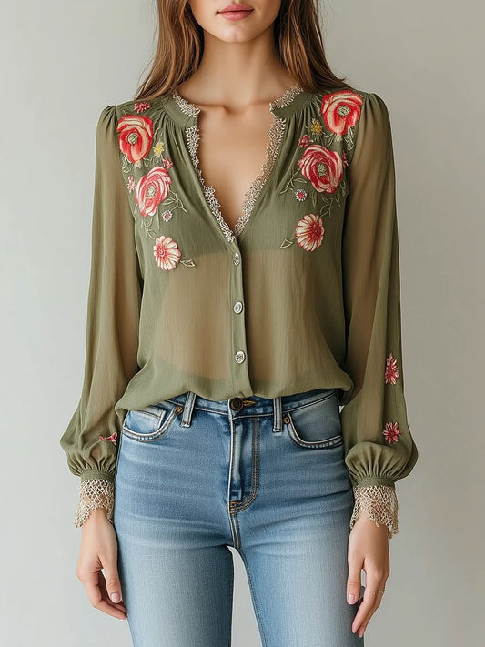 Olive Green Floral Embroidery Lace Trim V-Neck Sheer Blouse