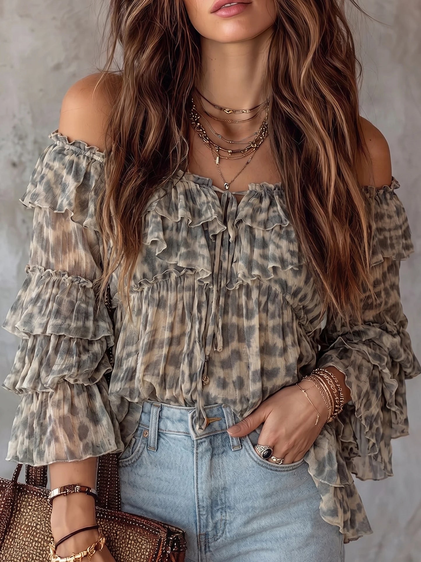 Tie Dye Leopard Off Shoulder Ruffle Tiered Long Sleeve Blouse, Crinkle Chiffon Boho Casual Top