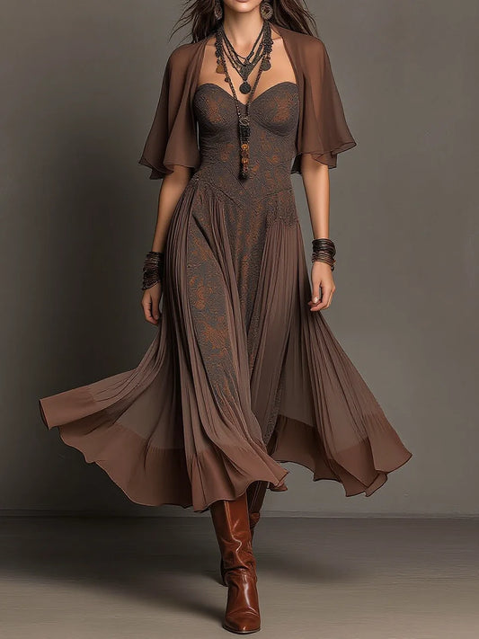 Dark Brown Strapless Embroidered Waisted Flared Dress with Sheer Shrug