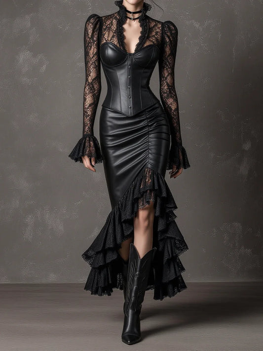 Black Lace Spliced Leather Corset Asymmetric Mermaid Skirt Set(pre order)