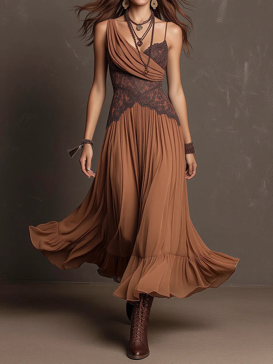 Caramel Asymmetric One-Shoulder Lace Spliced Ruffle Hem Chiffon Maxi Dress(pre order)
