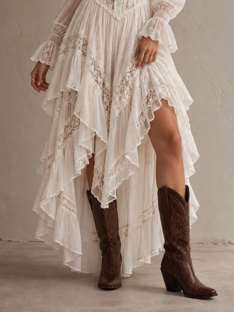 Lace Corset-Style High-Low Ruffle Dress