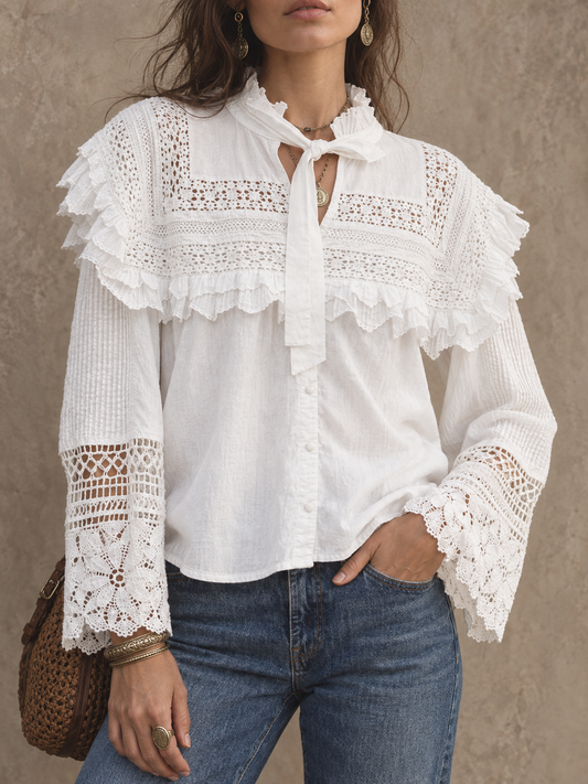 Cream Lace Trim Tie Neck Blouse