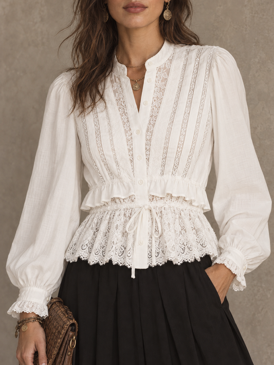 Cream Lace Trim Peplum Button Front Blouse