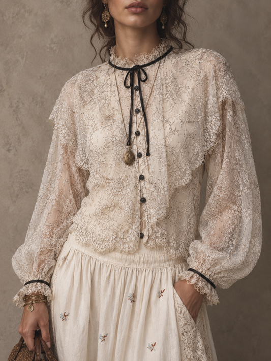 Cream Lace Ruffle Tie Neck Blouse