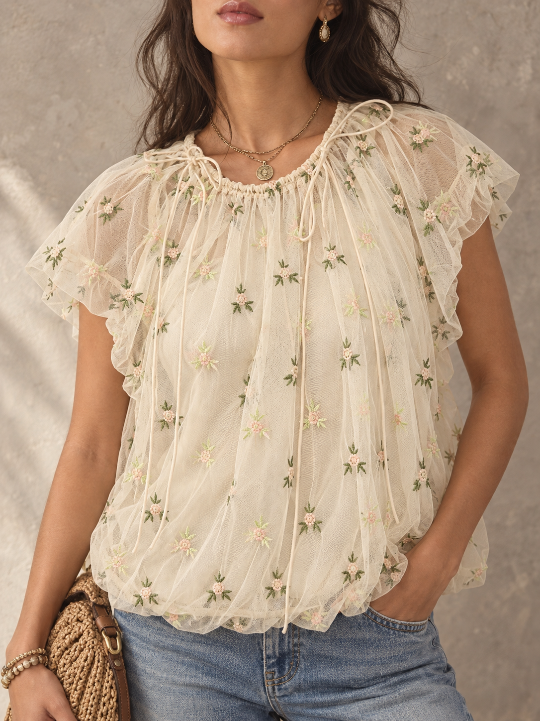 Cream Embroidered Floral Ruffle Blouse