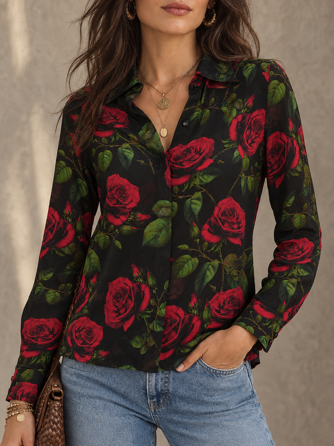 Black Rose Print Button Front Blouse