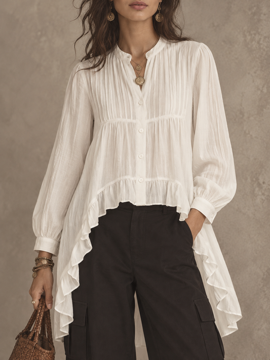 Cream Button Front Ruffle Hem Blouse