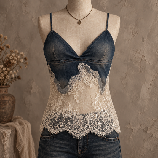 Blue Denim Lace Patchwork Cami Top