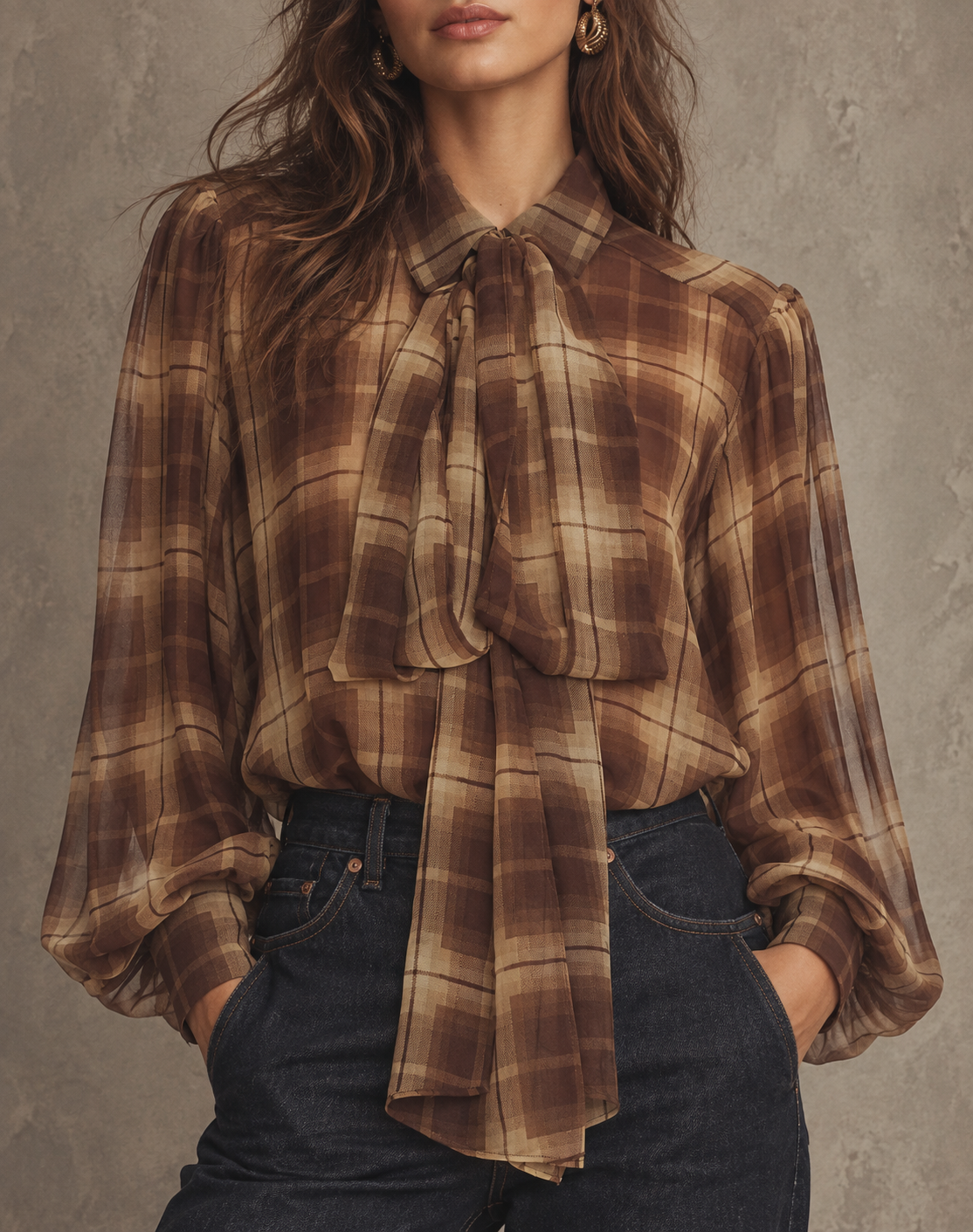Brown Plaid Tie Neck Sheer Blouse