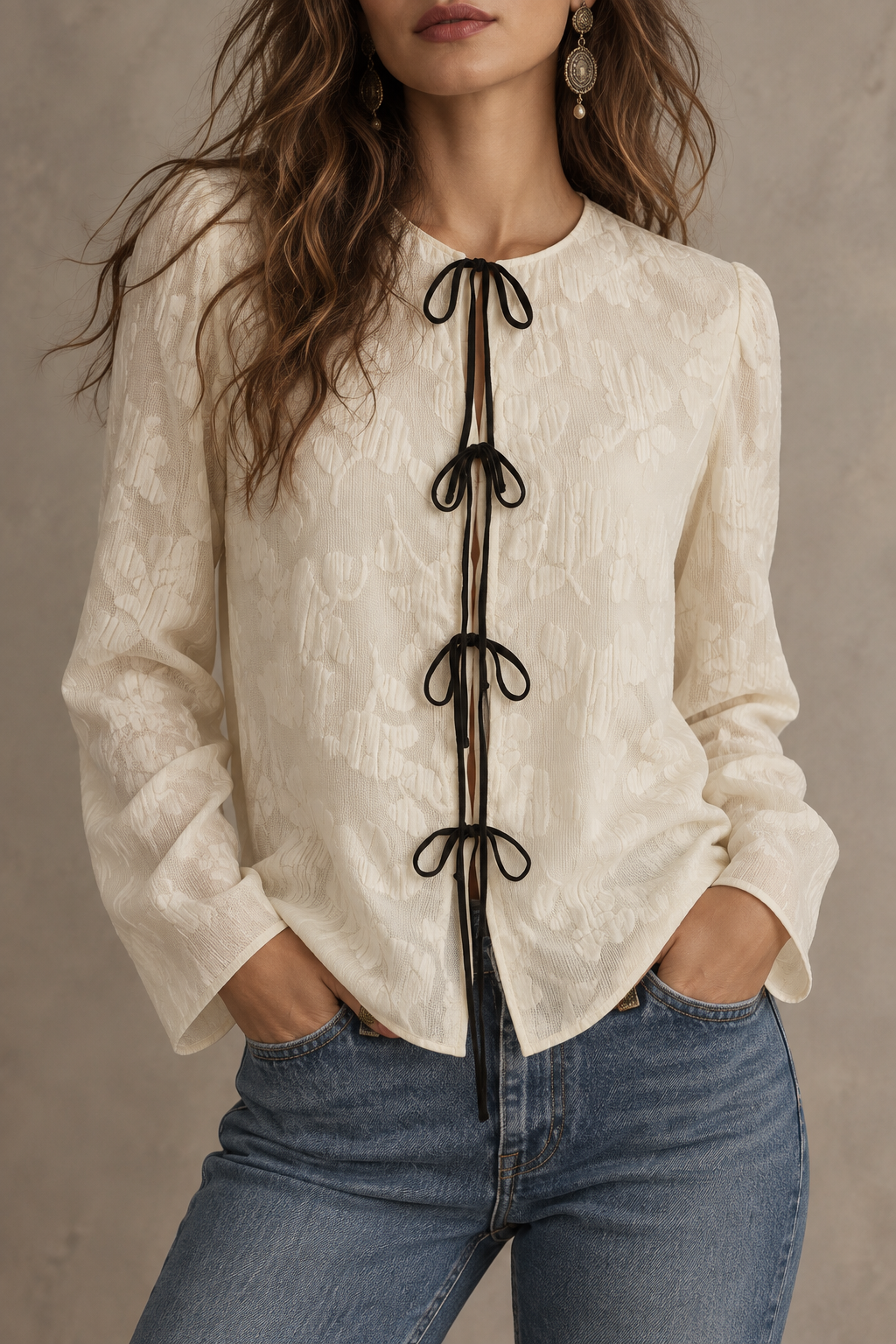Cream Textured Tie Front Blouse