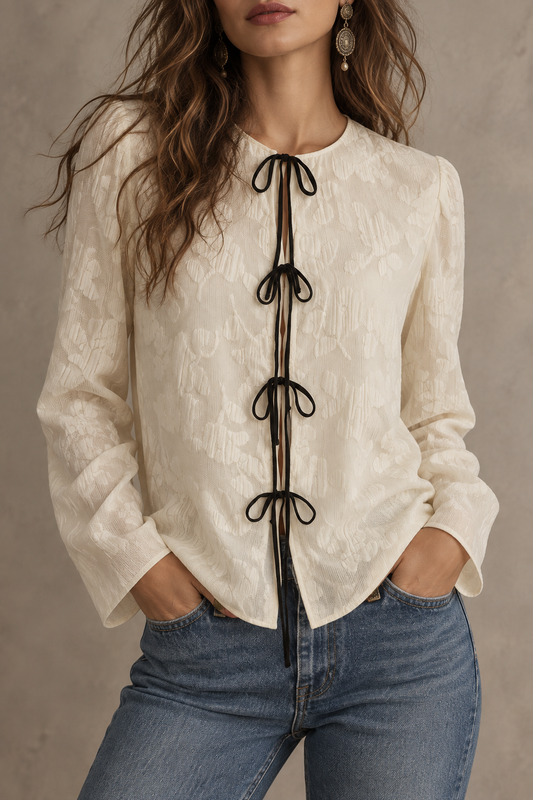 Cream Textured Tie Front Blouse