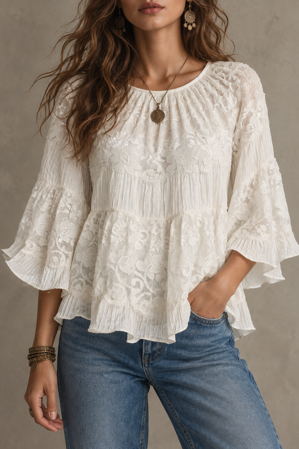 Cream Sheer Lace Ruffle Blouse