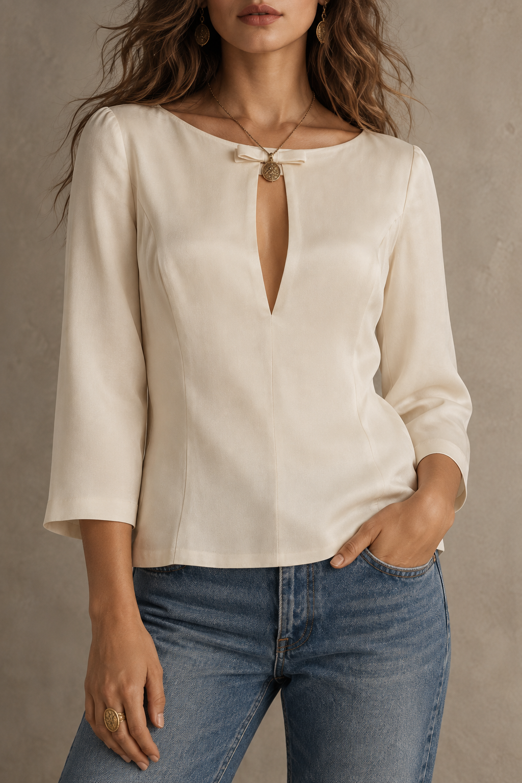 Cream Keyhole Front Three Quarter Sleeve Blouse