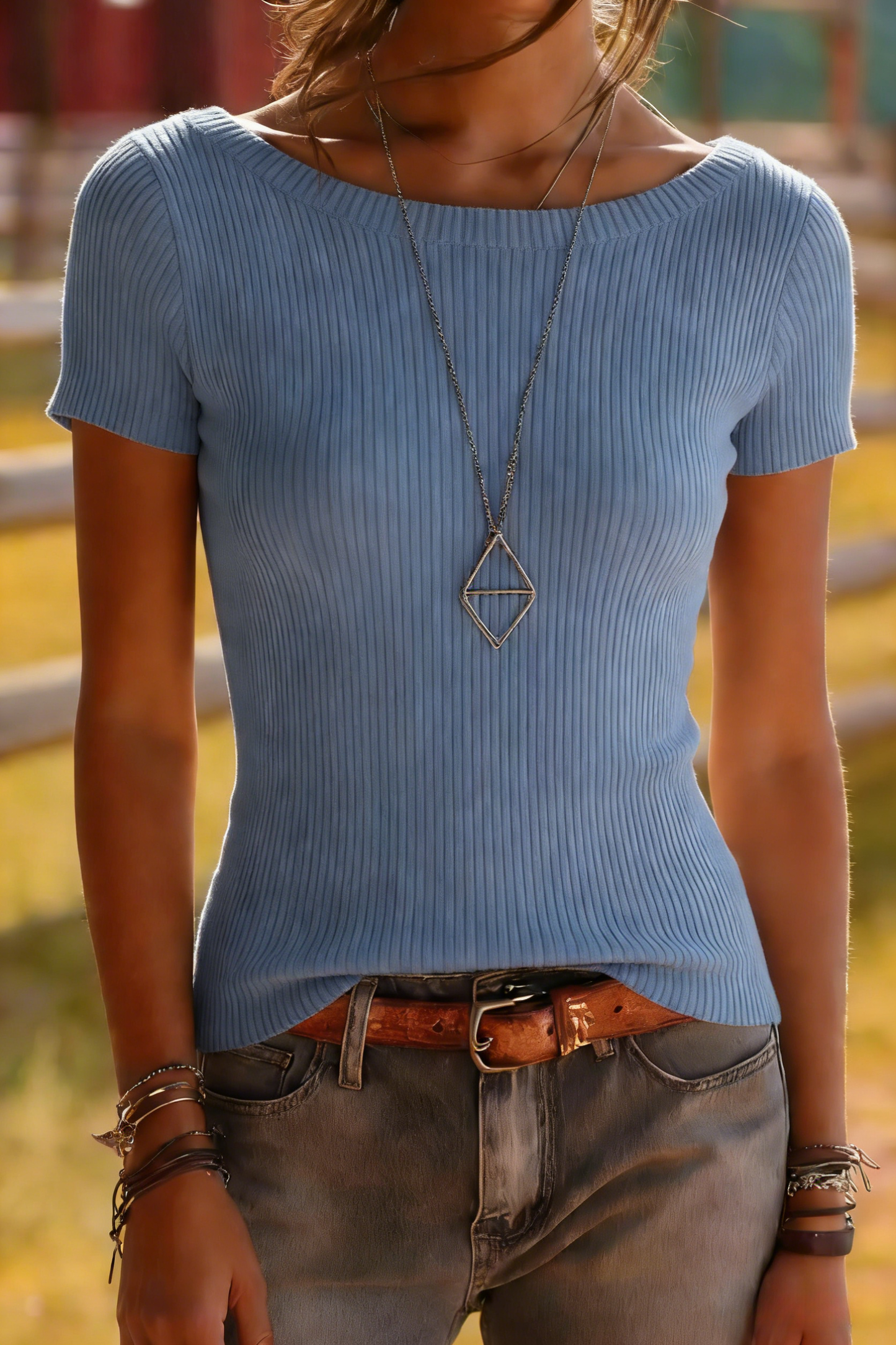 Ribbed Knit Short Sleeve Top - Classic Fitted Tee