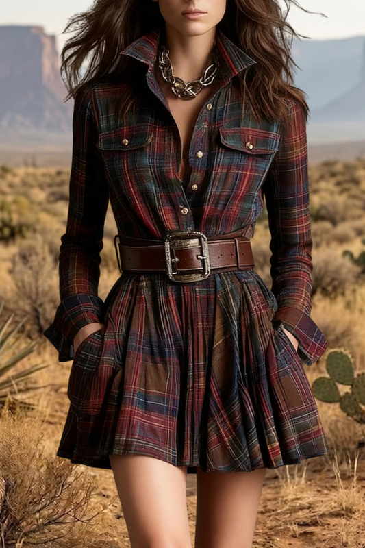 Plaid Long Sleeve Lapel Mini Dress