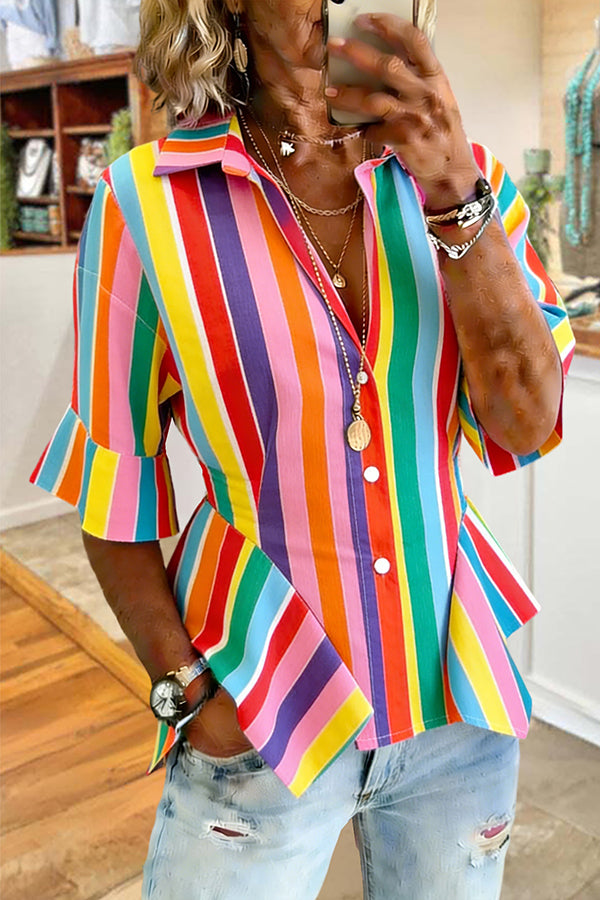 Colorful Stripe Print Ruffle Blouse