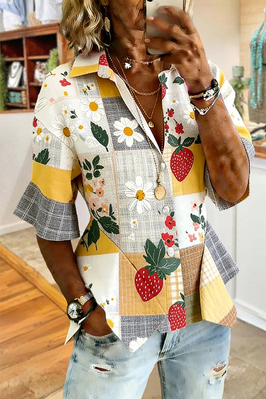 Cute Floral Strawberry Print Ruffle Blouse