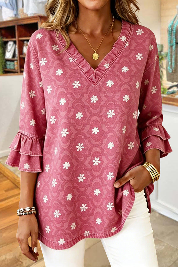 Sweet Floral Ruffle Washed Cotton V-Neck Blouse