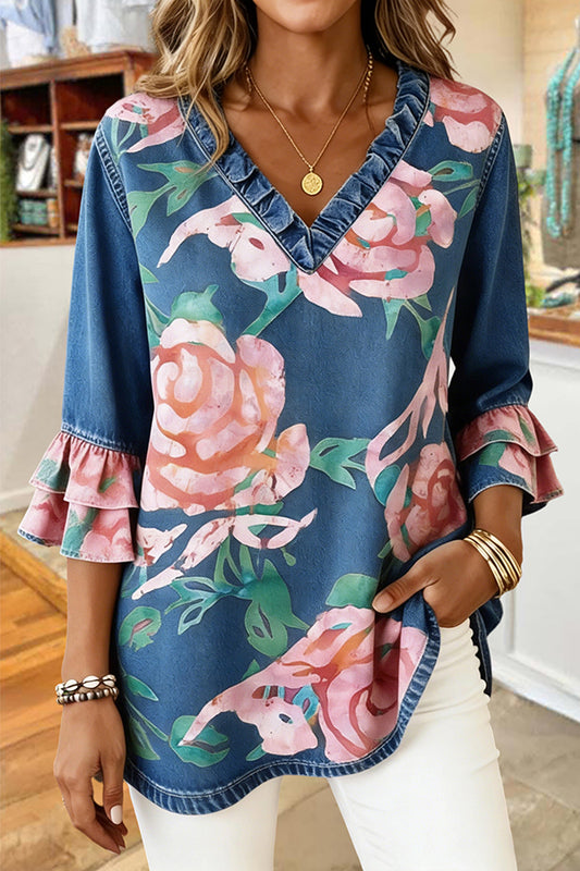 Classic Floral Ruffle V-Neck Blouse