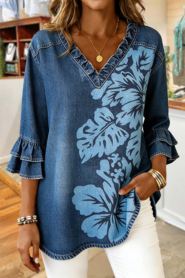 Classic Leaf Print Ruffle V-Neck Blouse