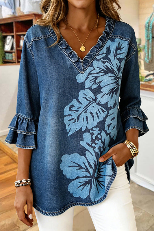 Classic Leaf Print Ruffle V-Neck Blouse