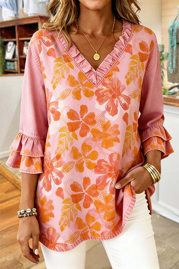 Sweet Floral Ruffle V-Neck Blouse